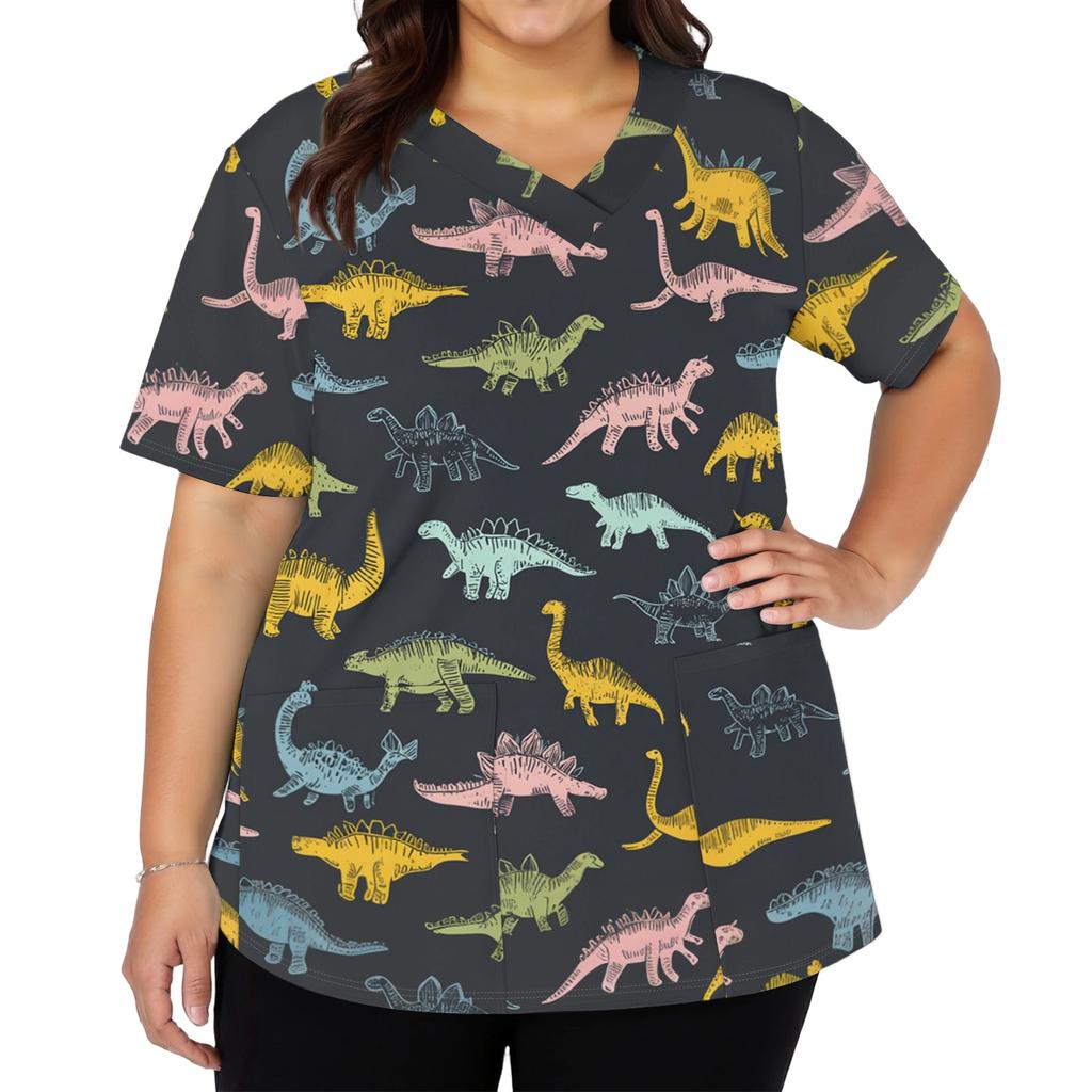 Top da Lavoro da Donna a V Manica Corta con Tasche Stampa Animali Cartone Animato Uniforme Medica Vestibilità Comoda Tessuto Resistente