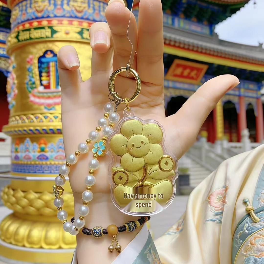 999 Pure Gold Money Flower Keychain: Cute High-End Bag Pendant with Beaded Chain