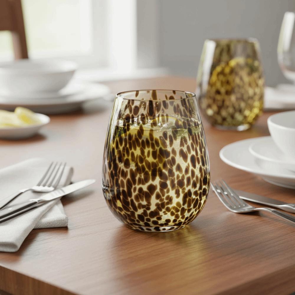 Kunststil Bernsteinfarbener Leopard Kelchglas Wasserbecher Elegantes Trinkglas Esstisch