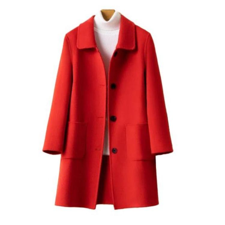 Women Single Breasted Pea Coat Mid Length Wool Blend Trench Coat Notch Lapel