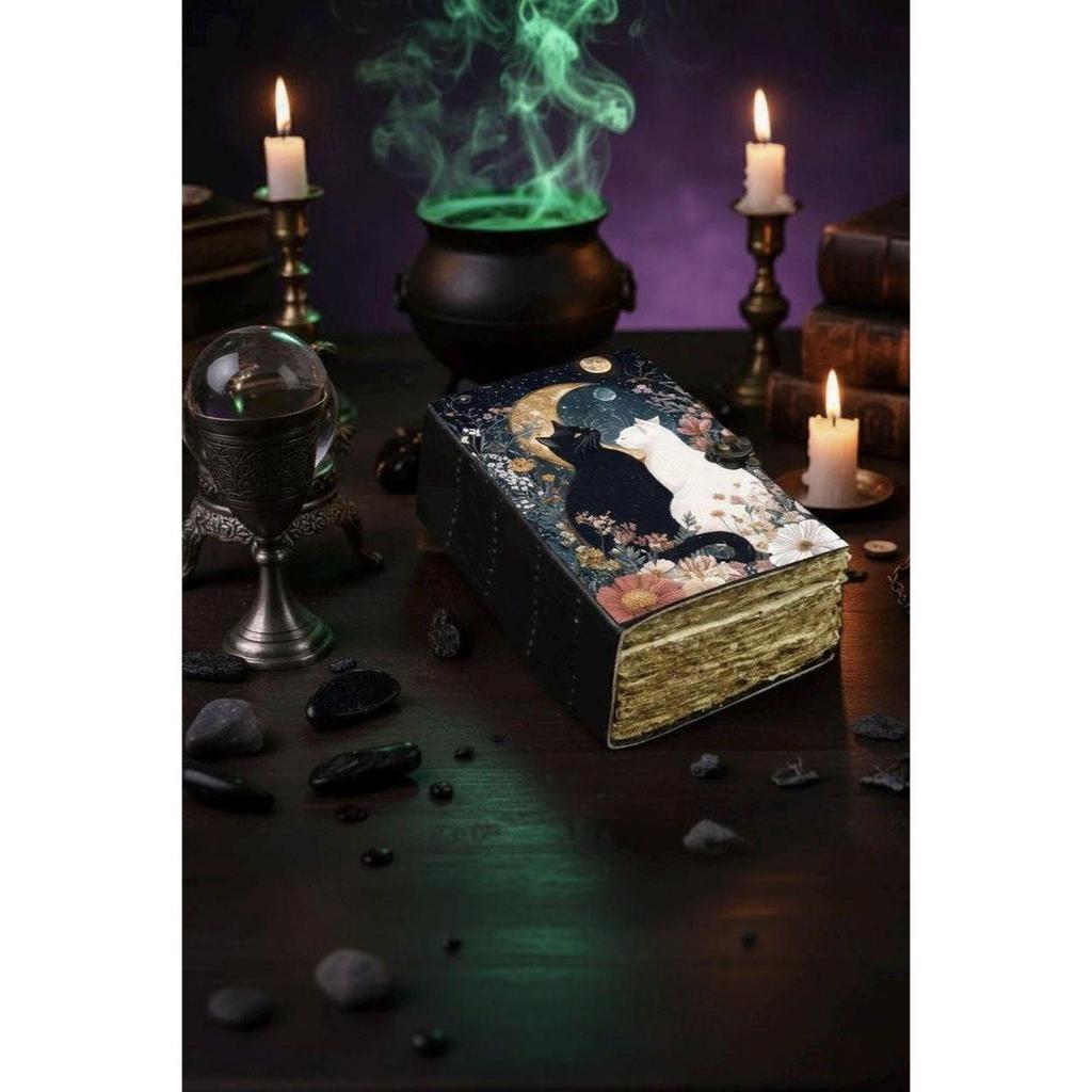 Grimoire Leather Journal, Print Cat Journal, Blank Spell Book Book of Shadows Leather Celestial Gifts For Him Her