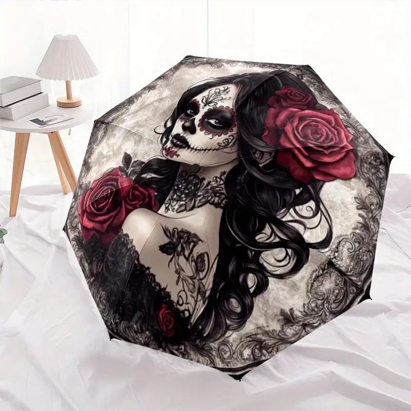 Mexican Day of The Dead Umbrella - Automatic Open And Close Sugar Skull Lady with Red Rose Pattern Compact Umbrella - Gothic Floral Design,