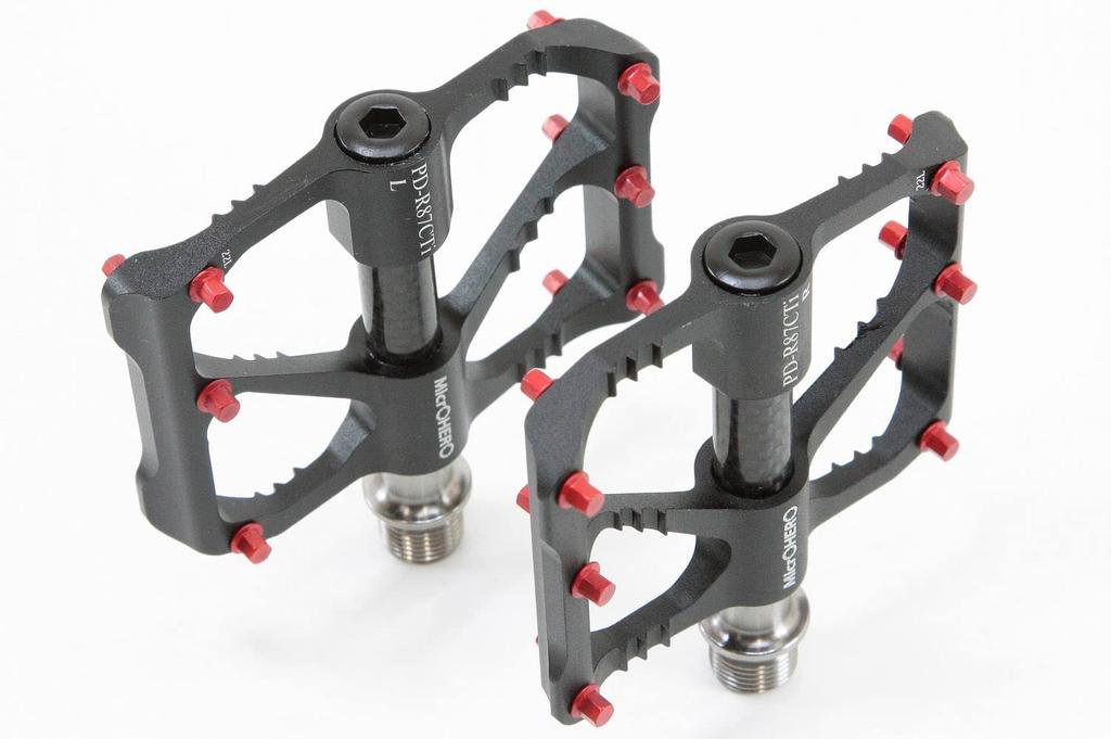 MicrOHERO Ultra Light Titanium Alloy Shaft 3 Sealed Bearing Compact Pedals Carbon Road Bike Flat Pedals Bike/Mountain Black/Red (PD-R87CTi 185g)