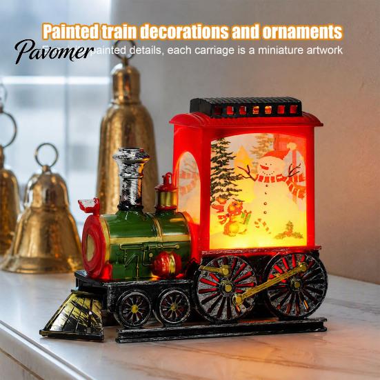 Snowy Christmas Night Ornament Train Snow with Light, Battery Powered Winter Desktop Decor Decoration, Swirling Glitter Decor, Lighted Tabletop