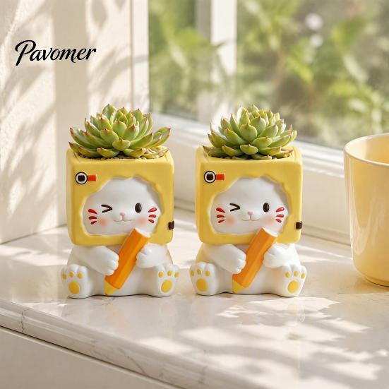 Decorative Resin Flowerpot Holding Pen Cat Planter Pot, Shaped Flowerpot, Office Desk Succulents Plants Container for Home Balcony Flower Pot