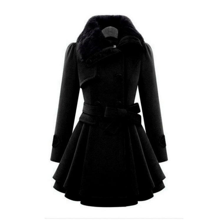 Women's Plus Size Wool Coat Medium Length Double Breasted Slim Fit Fur Collar Fashion Windbreaker Outerwear