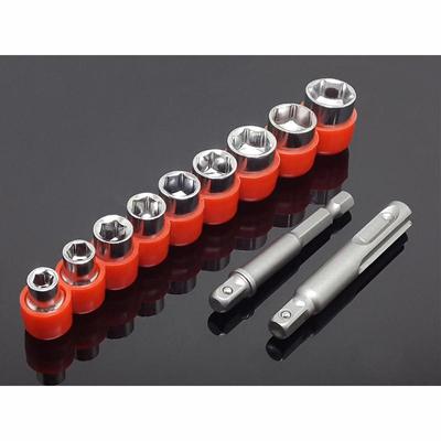10PCS Set 1/4 " 5-13mm Drive Deep Socket CRV Hand Tools Socket + Adapter SDS Socket / Hex Shank Adaptor For Home Auto Car Repair
