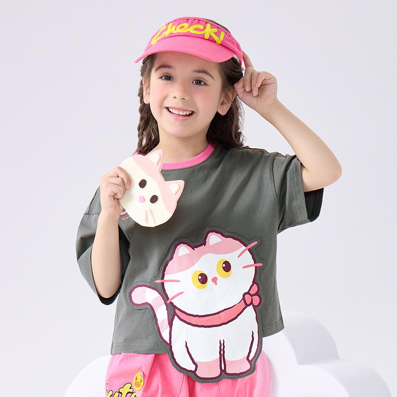 B. Duck Children's Clothing Girls' Summer New Short Sleeved Top Cute and Playful Cat T-shirt for Middle and Small Children