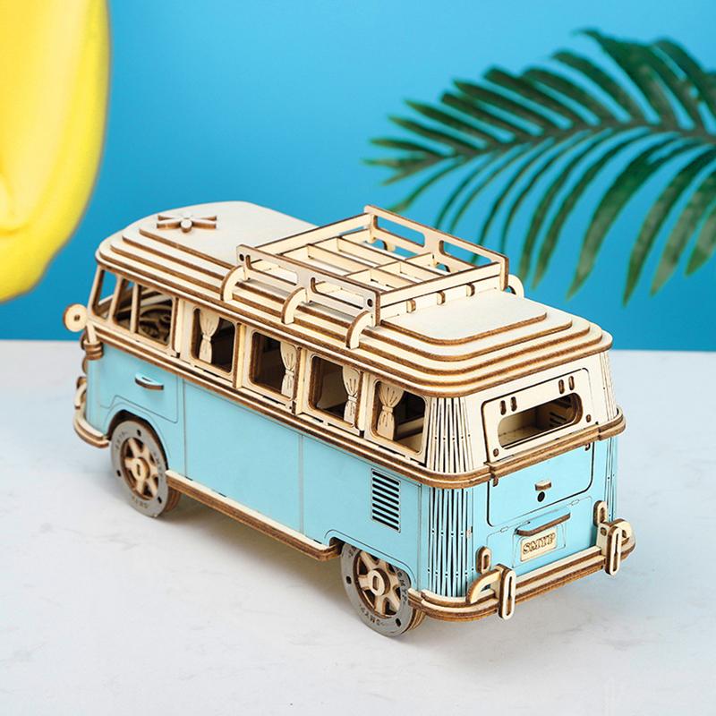 Retro Autobus Kamper w Stylu Europejskim Drewniana Układanka Samochodzik 3D Model DIY Rozwijanie Zdolności Manualnych Układanki Dla Dzieci