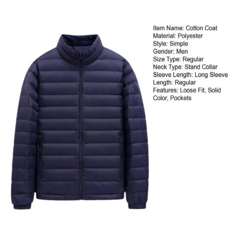 Yousheng Men Cotton Coat Stand-Up Collar Long Sleeve Solid Color Quilted Jacket with Pockets Winter Lightweight Short Outwear