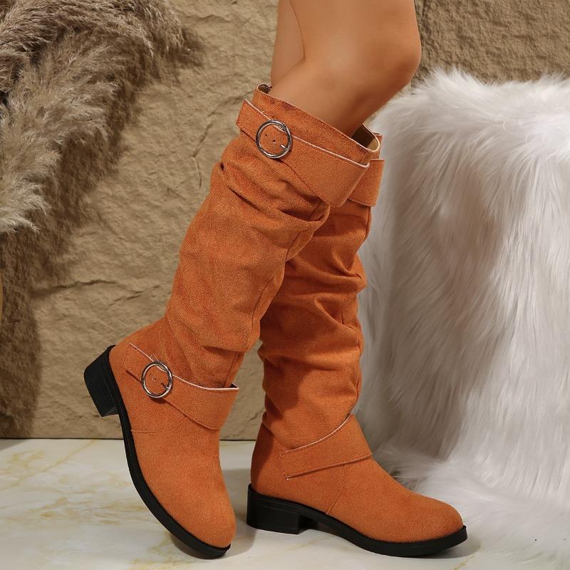 Women's Wide Width Stacked Riding Boots, Chunky Heel Western Cowboy Boots, Retro Slim Long Boots for Women