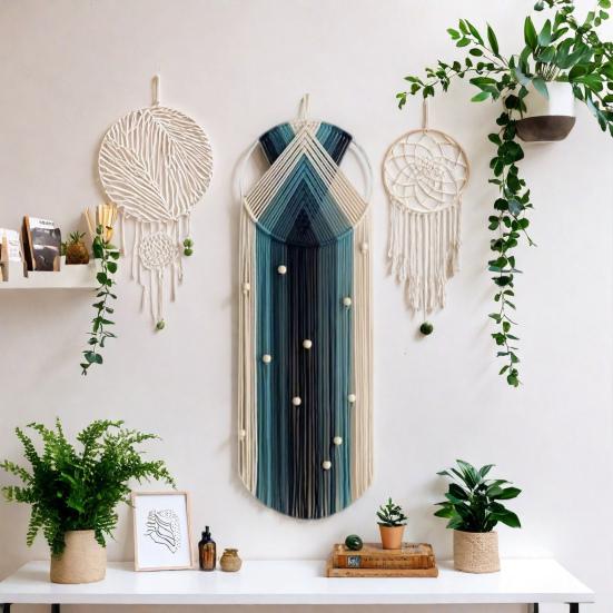 Handmade Woven Cotton Tapestry Bohemian Wood Bead Cotton Rope Tassels Hanging Dream Catcher Living Room Bedroom Wall Art Hanging Decoration