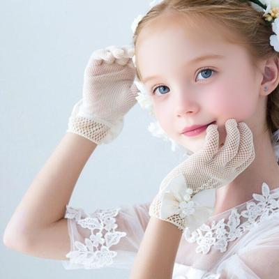 Lace Short Gloves for Little Girls 4-8 Years Tea Party Wedding Flower Girl Gloves with Bow Kids Princess Dressing Gloves for First Communion