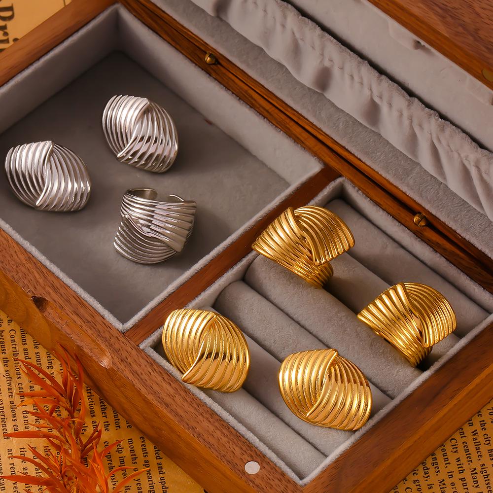 18K Gold Plated Titanium Steel Textured Earrings and Ring Set for Women
