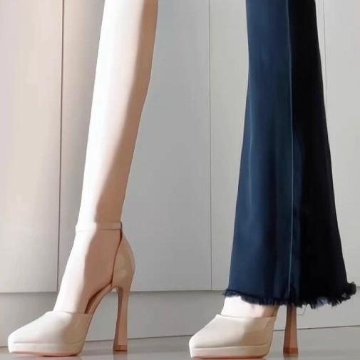 Sexy season summer waterproof table women's black single shoes pointed one-word strap high heels medium thick heel sandals