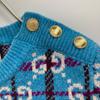 Gucci 23AW 731583 XKC1H Blue Wool Gold Button GGx Check Half Sleeve Knit Pullover Tops XS blueUsed