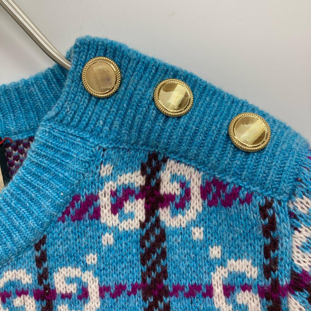 Gucci 23AW 731583 XKC1H Blue Wool Gold Button GGx Check Half Sleeve Knit Pullover Tops XS blueUsed