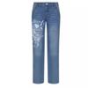 Damen Mid Rise Straight Leg Jeans Vintage Gewaschen Bedruckte Denim Hose Streetwear Lässige Hose