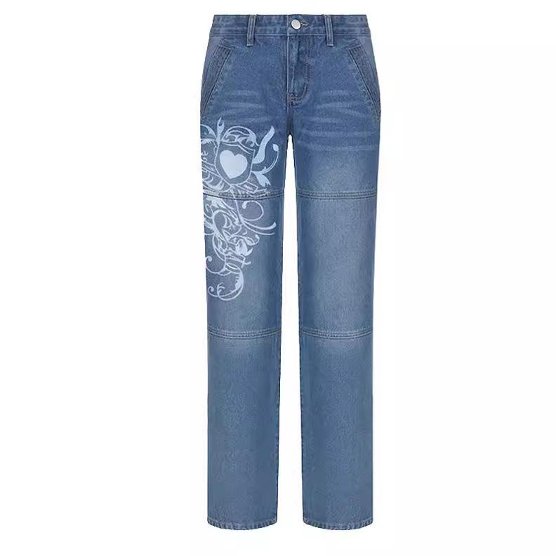 Damen Mid Rise Straight Leg Jeans Vintage Gewaschen Bedruckte Denim Hose Streetwear Lässige Hose