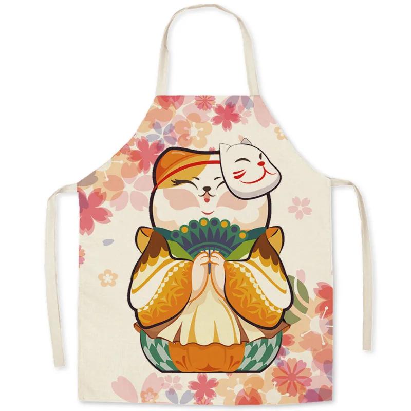 Cotton and Linen Apron Japanese Cartoon Lucky Cat Cooking Sleeveless Bib Waterproof Anti-greasy Kitchen Supplies Chef Apron