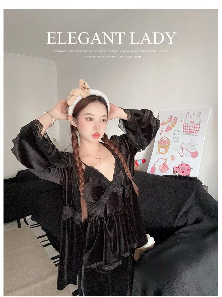 Lusi's French Gold Velvet Sexy Pajama Set: Camisole, Long Sleeve, and Long Pants.