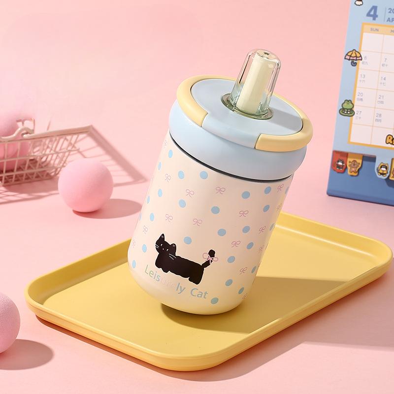 Kitten High Appearance Level Thermos Cup Girls Simple Straw Water Cup Portable Stainless Steel Handy Cup Cup