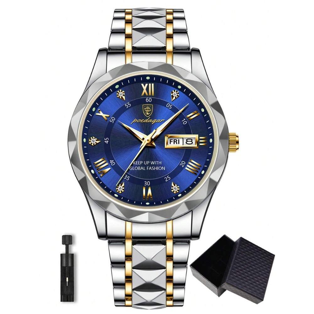 POEDAGAR Business Men's Stainless Steel Dual Calendar Quartz Watch, Casual Waterproof Luminous Men's Watch, Men's Gift