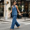 Versatile Women Outfit Summer 2 Piece Sets for Women, Halter V Neck Backless Top Breathable Fabric Suit And Wide Leg Pants Matching Set, Casual
