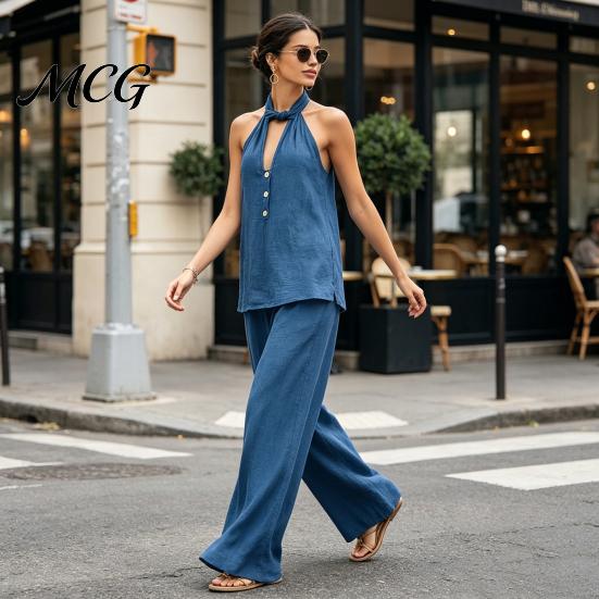 Versatile Women Outfit Summer 2 Piece Sets for Women, Halter V Neck Backless Top Breathable Fabric Suit And Wide Leg Pants Matching Set, Casual