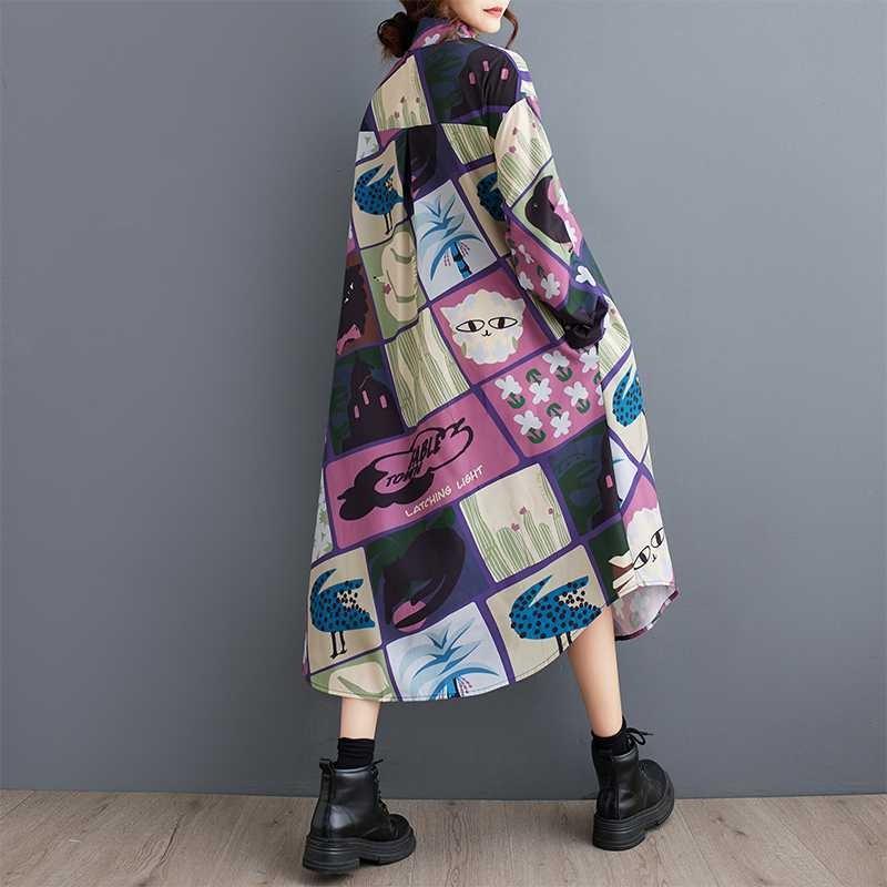 New Loose Large Size Oceanic Printing Mid-length Literary Retro Dresses