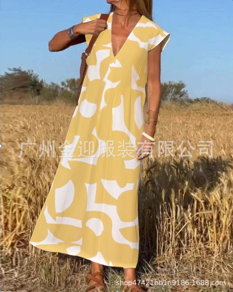 Women's V Neck Sleeveless Maxi Dress Loose Fit High Waist Casual Geometric Print A Line Long Dress 2026 Summer Elegant Vacation Dress