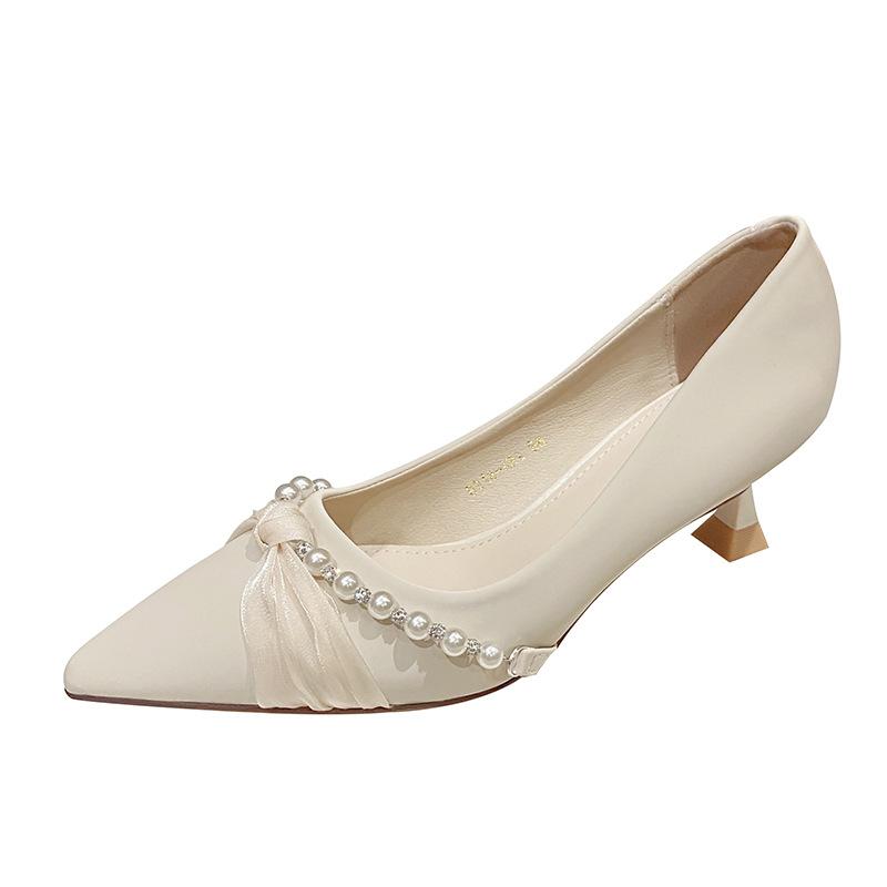 Pearl Chain Single Shoes Femininity Kitten Heels Pointed Head Shallow Mouth Stiletto High Heels Children B318-AR9 Fashion