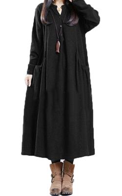 Gold Japan Plus Size Long Solid Korean Size Black Women's Dress, Sleeve, Wrinkle-Resistant Cotton, Color, Pockets, Style, Goldy-884, 3L,