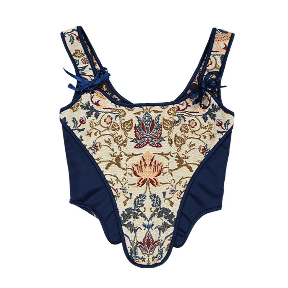 

Luxury Lace Up Women Corset Shapewear Push Up Boned Bodice Decorative Flower Embroidery Body Shaper Bustier Bridal S темно-синього кольору