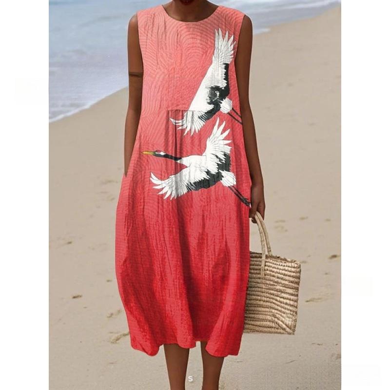 European and American New Summer Flower Ocean Printing European Size Round Neck Sleeveless Long Dress Creative Loose Dress