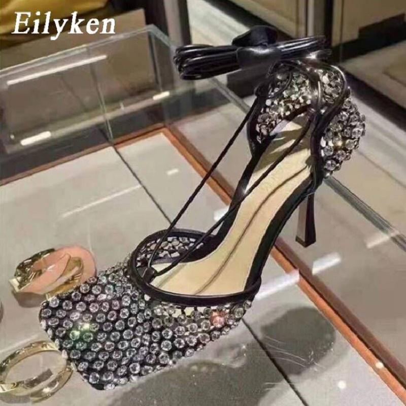 Fashion Eilyken Yellow Green Fashion Women High Heel Crystal Fishnet Pumps Square Toe Ankle Cross Tied Rhinestone Sandals  Shoes