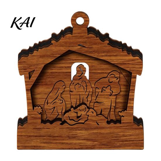 Natural Log Craft Gifts 3D Wooden Light Up Christmas Ornament, Layered House Tree Snowman Wood Engraving Decor Nativity Scene Hanging Decoration
