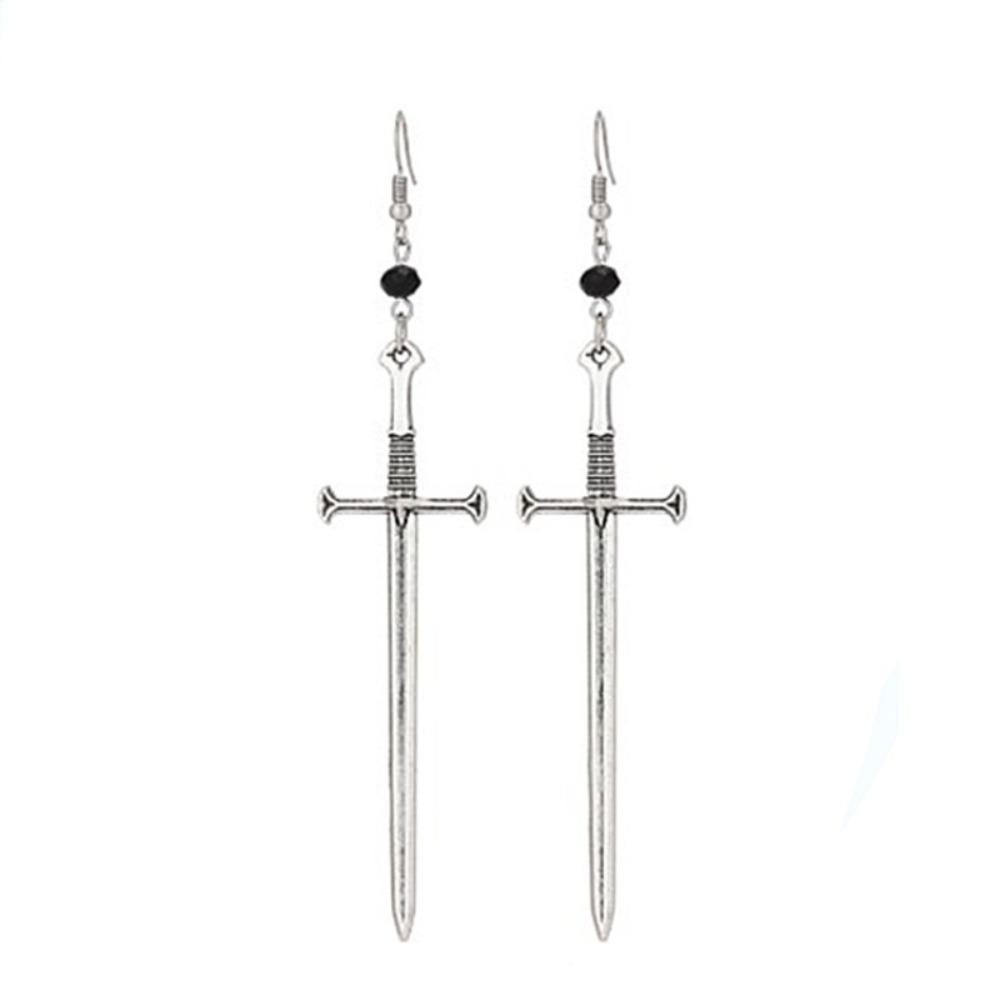 Punk Personality Black Multi-faceted Round Beads Silver Color Long Sword Cross Dangle Earrings for Women Men Gothic Jewelry Gift