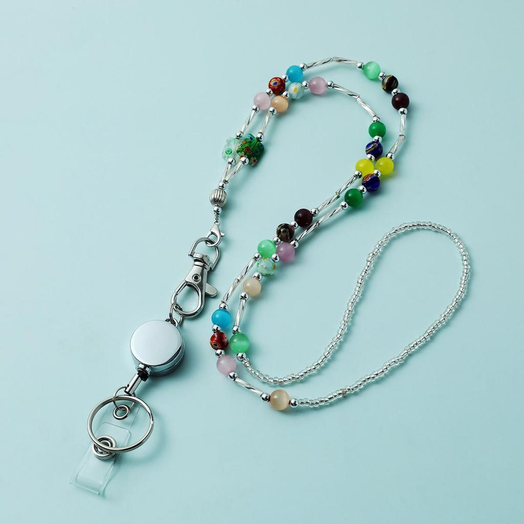 Crystal Stone Lanyard Necklace with Easy-Pull Buckle for ID and Keys