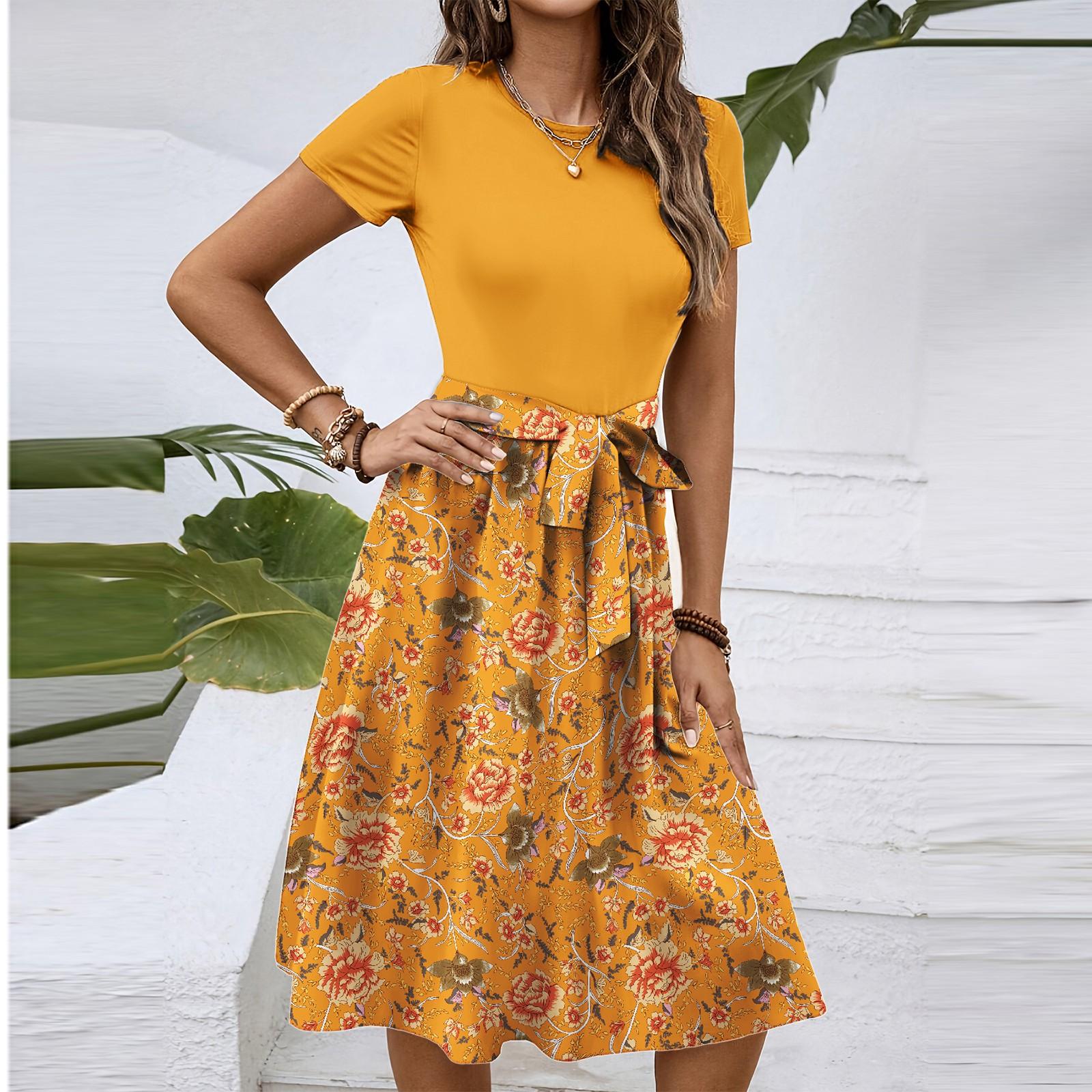 

Женское модное ретро-платье с принтом и цветным поясом M оранжевый