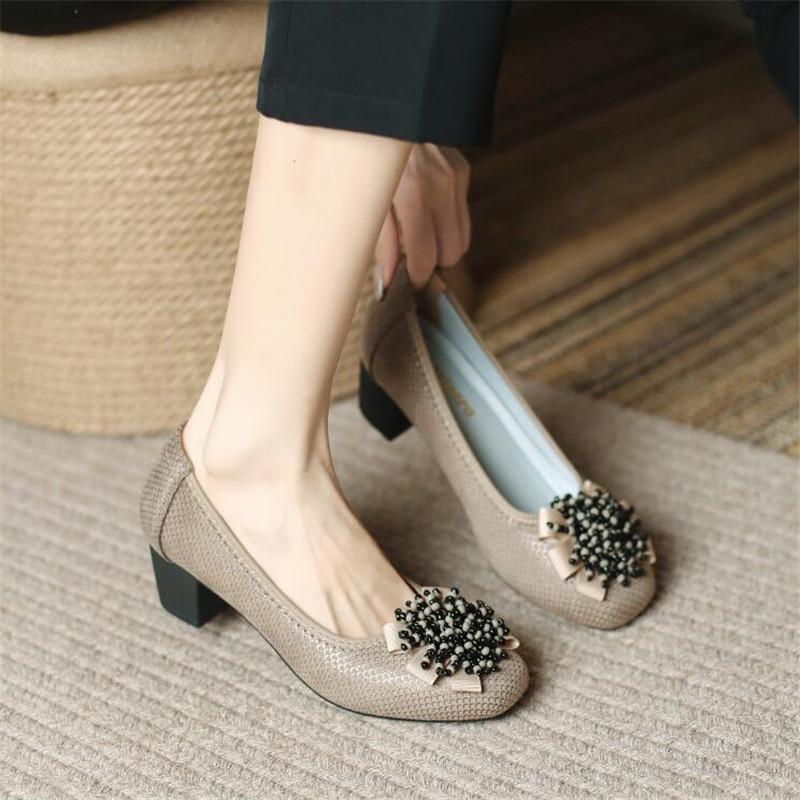 Fashion Women's Shoes Spring New Thick Heel Cowhide Shallow Mouth Single Shoes Printed Beaded Wedding Party Fashion Women Pumps