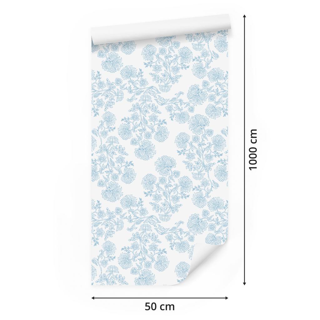 Wallpaper Flowers White and Azure, Subtle Detail for Living Room and Bedroom 50x1000