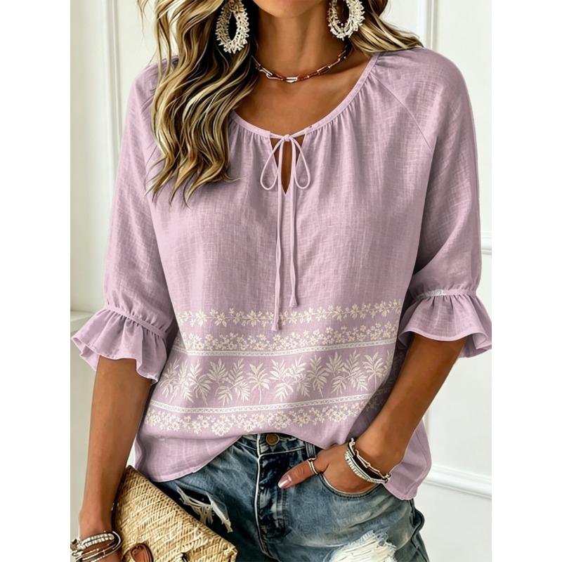 Women's Tie Split Neck Blouse, Light Purple White Seashell Border Print, Loose Fit for Spring Summer Daily Casual Outfits
