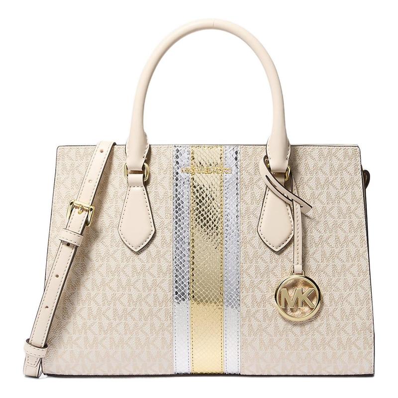 MICHAEL KORS Sheila Sheila Signature Logo Charm Coated Canvas Shoulder Crossbody Tote Medium Women s White with Gold золотой