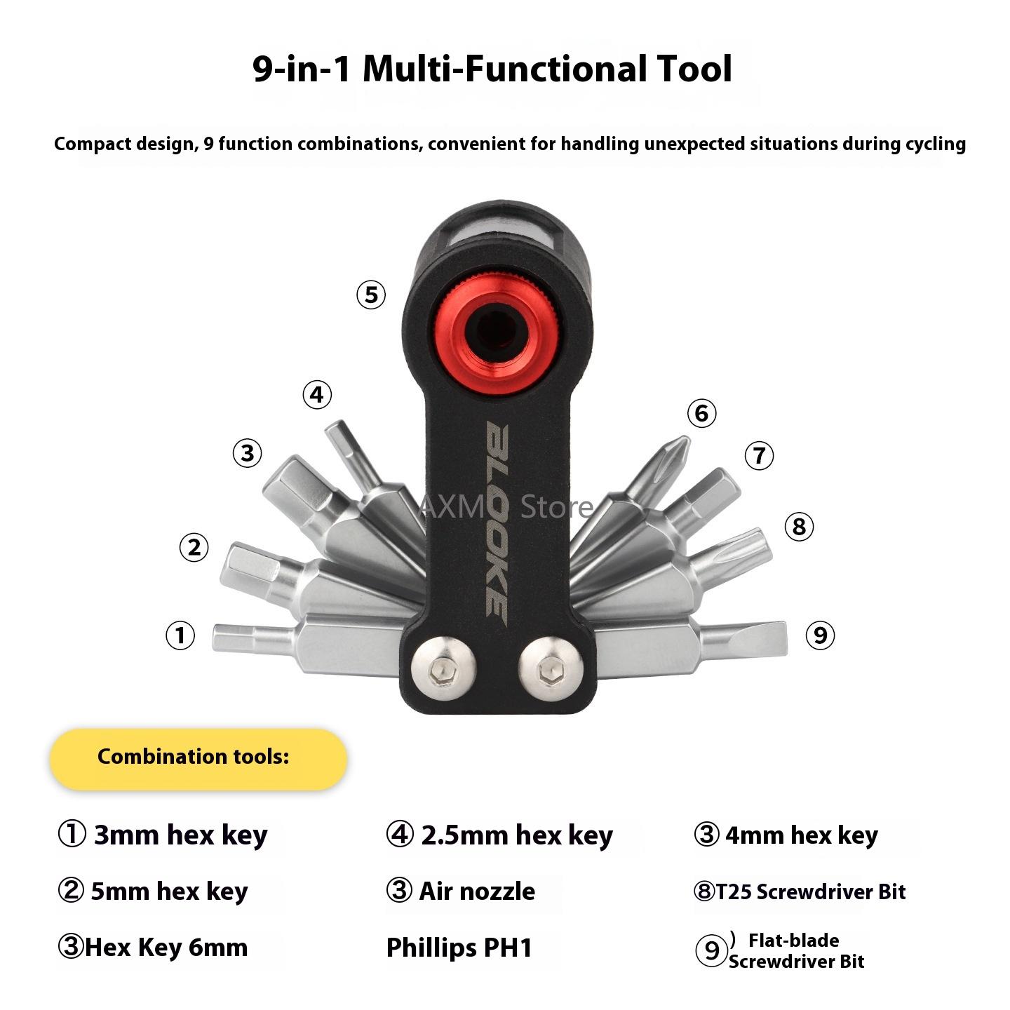 Mountain Road Bicycle Portable Mini Repair Tool CO2 Inflation Valve 9 In 1 Multifunction Tools Set Bicycle Repair Accessories 1 set