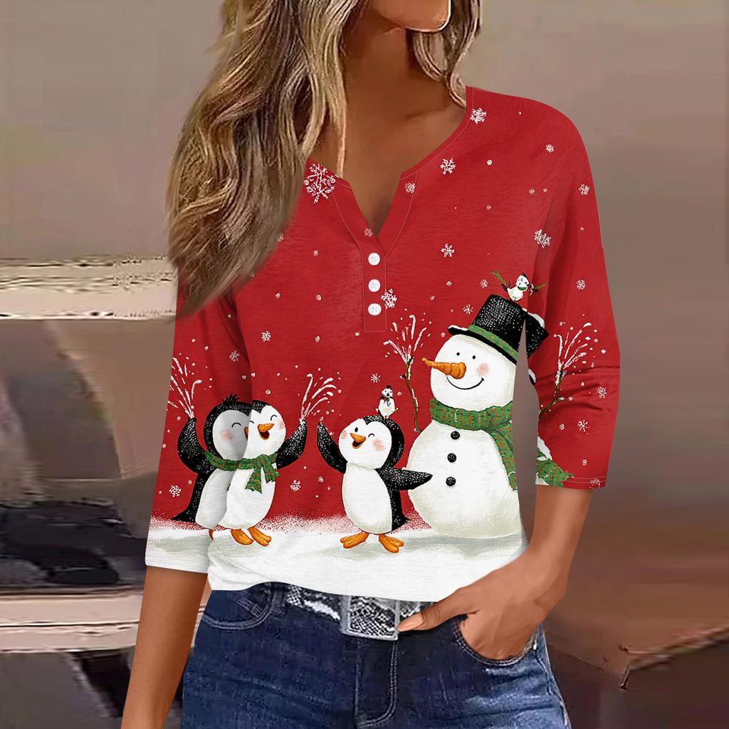 Women's Fashion Casual Halloween Printed V-Neck Short Sleeve Decorative Button Three-quarter Sleeve T-shirt Top