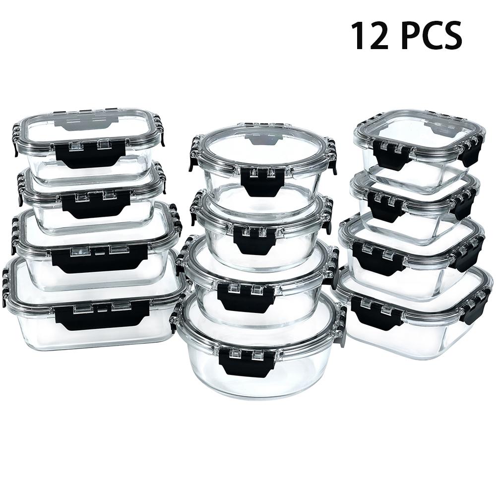 12pcs Glass Lunch Box Food Storage Containers Meal Prep Airtight Bento Boxes for Microwave Oven Freezer and Dishwasher BPA Free čierna