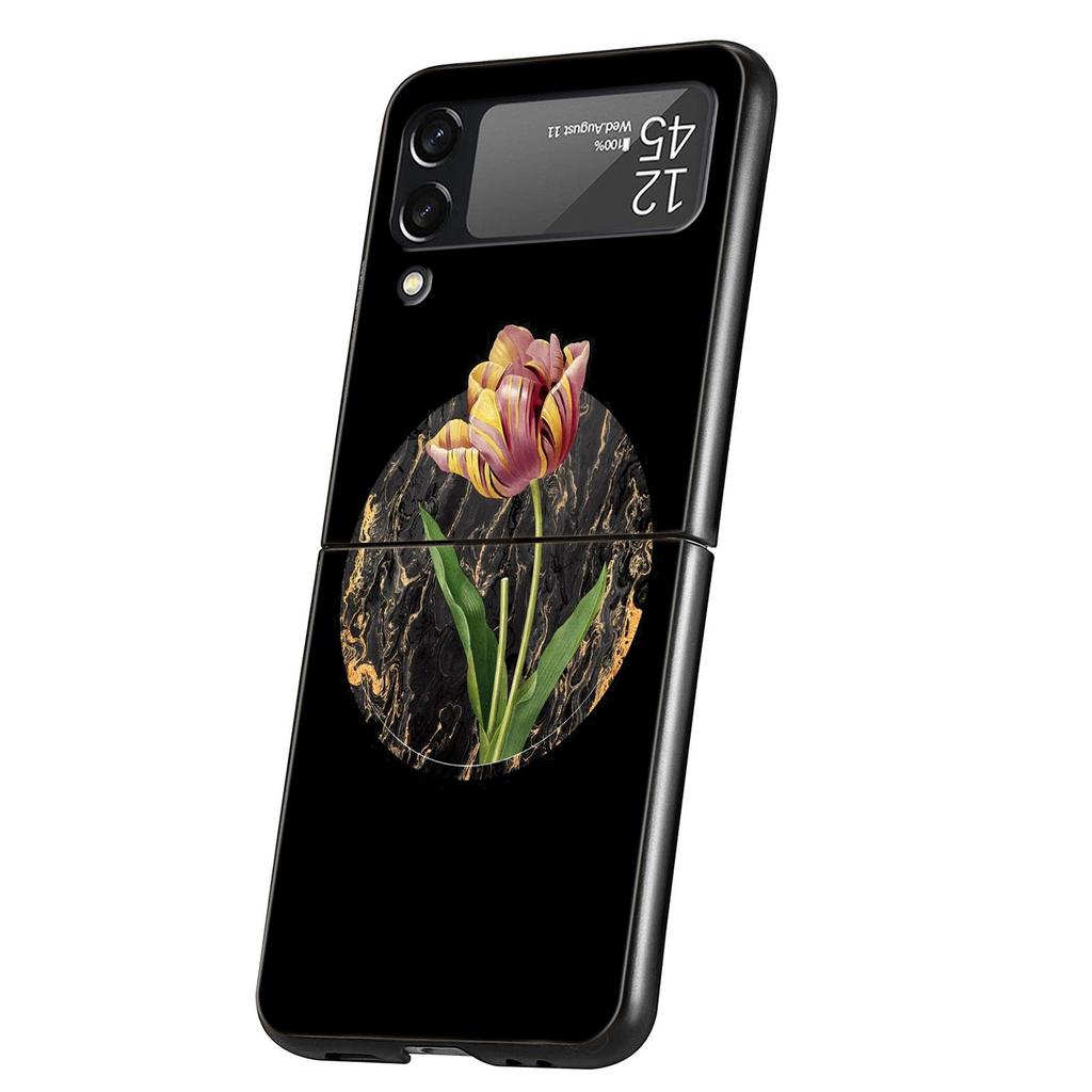 Handyhülle mit Vintage-Blumen-Motiv, botanischer Marmor, für Samsung Galaxy Z Flip 3, 4, 5, schwarze faltbare Handyhülle, harte Schutzhülle