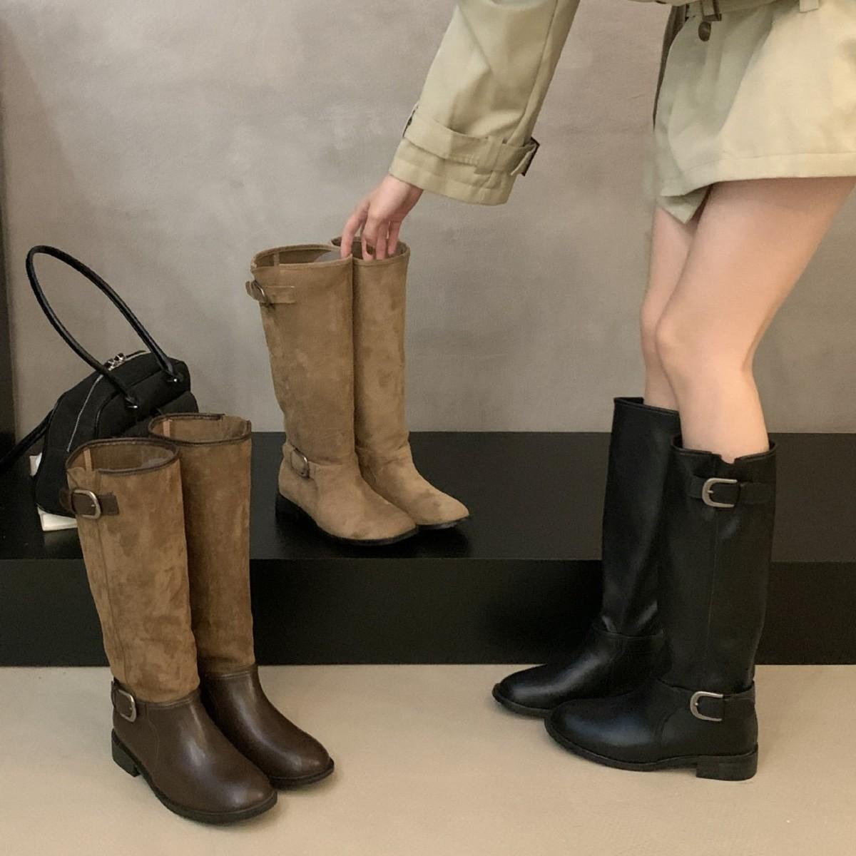 

2025 новые замшевые сапоги-ботфорты до колена на тонком каблуке с круглым носком, замшевой отделкой, пряжкой на ремне 39 кофейный