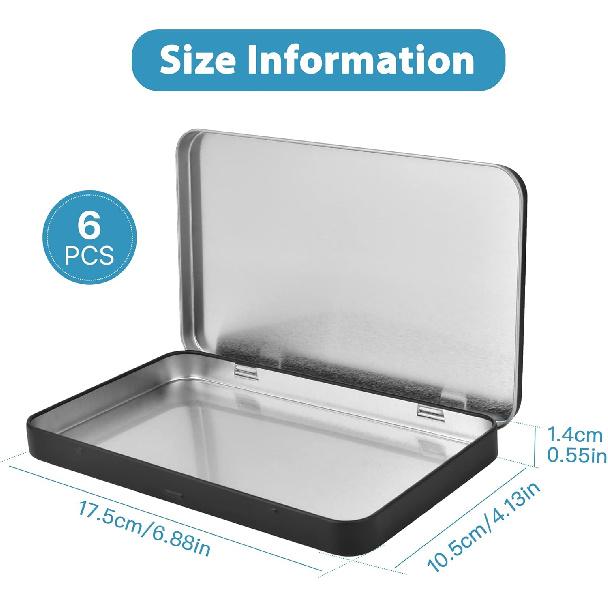 6 Pcs Metal Rectangular Hinged Tin Boxes with Lid, Mini Portable Empty Box Container, Small Black Tin with Lid for Home or Outdoor Active Storage
